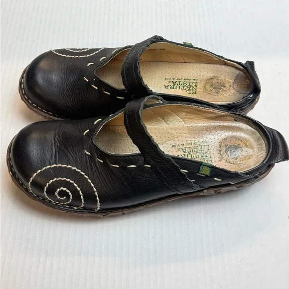 El Naturalista Black Leather Mary Jane Flats EU 38 White Stitch Comfort Shoes - Picture 5 of 10